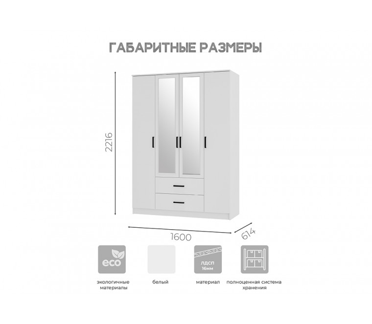 СГ Фьюжн Шкаф 4-х створчатый с ящиками ШК-14 1600 (Белый)